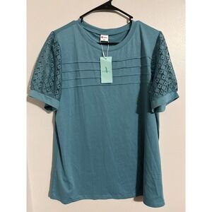 WIHOLL Women XXL Teal Blue Lace Crochet Short Sleeve Pintuck Pleated Blouse NEW